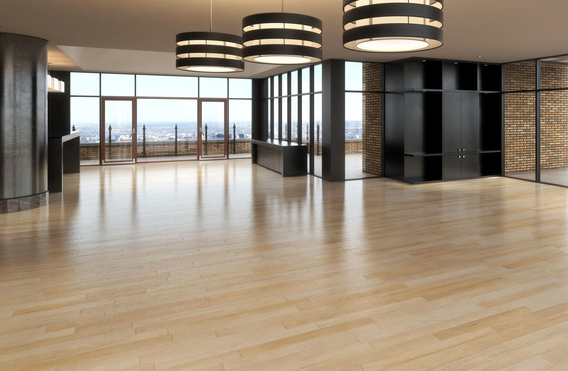 A modern open space with elegant hardwood flooring, professionally installed for coastal home durability in Southeastern North Carolina.